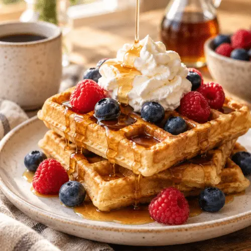 easy waffle recipe with maple syrup and berries