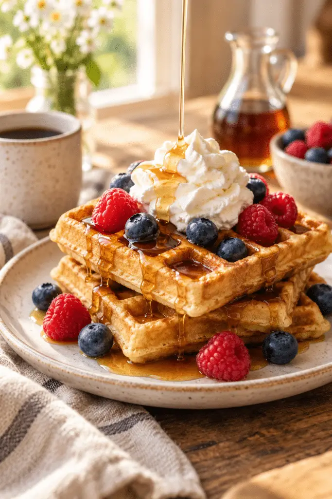 easy waffle recipe with maple syrup and berries