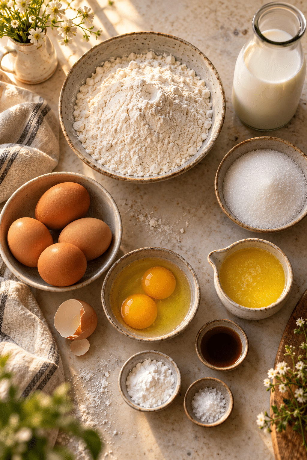 easy waffle recipe ingredients measured on a counter