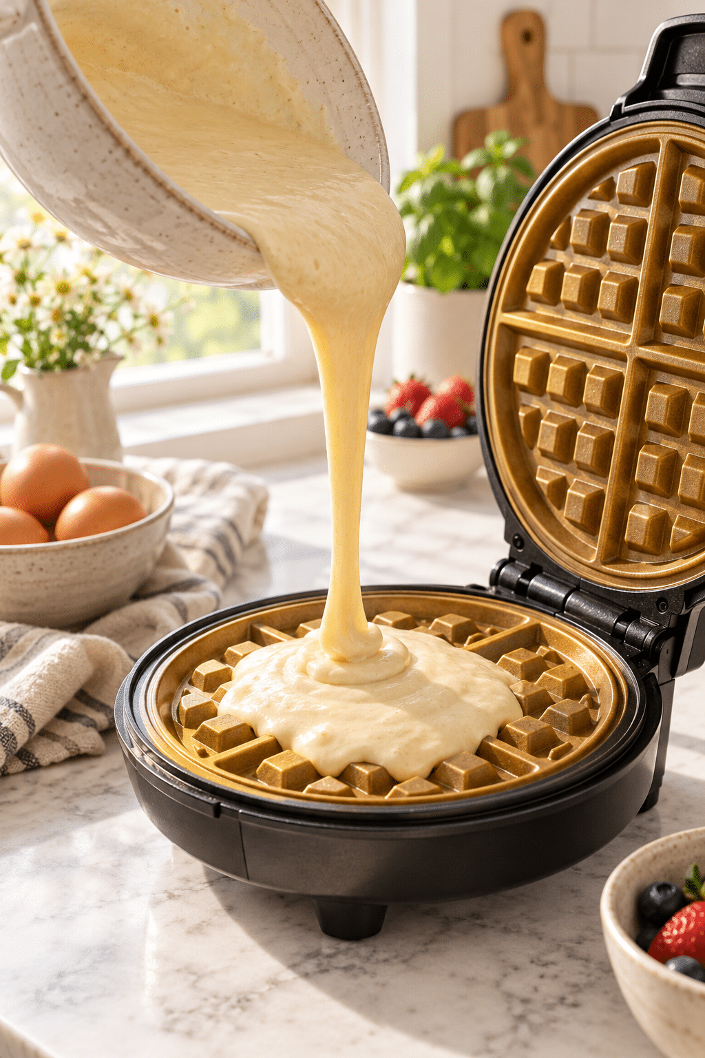 easy waffle recipe batter in a waffle iron