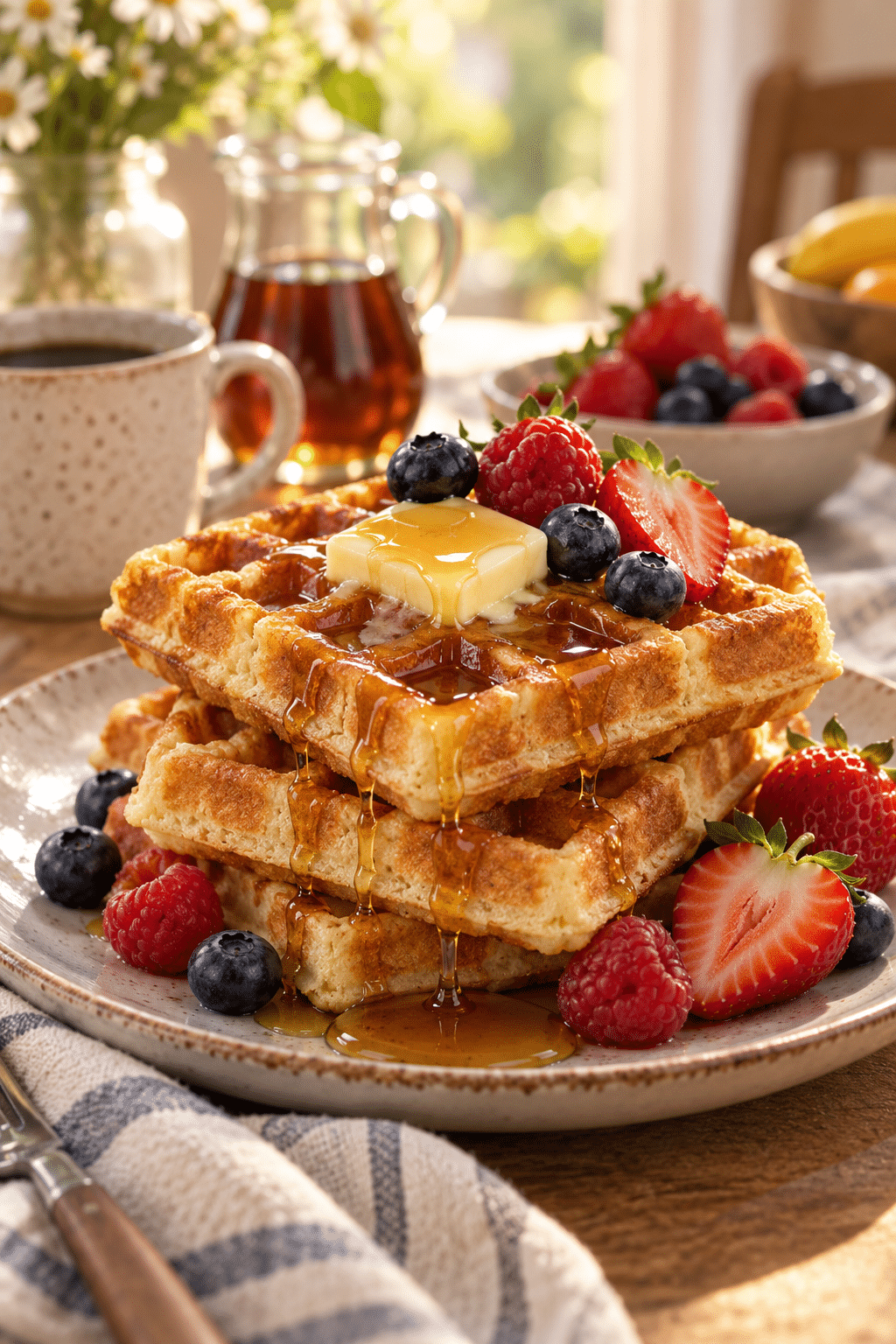 easy waffle recipe served with fruit and syrup