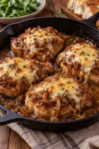French onion pork chops with melted cheese