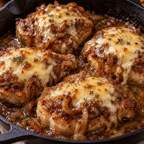 French onion pork chops with melted cheese