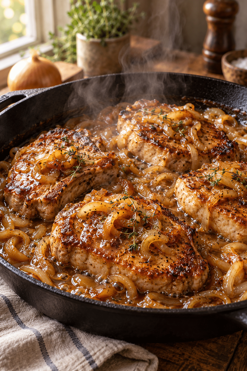 Cooking French onion pork chops in a skillet