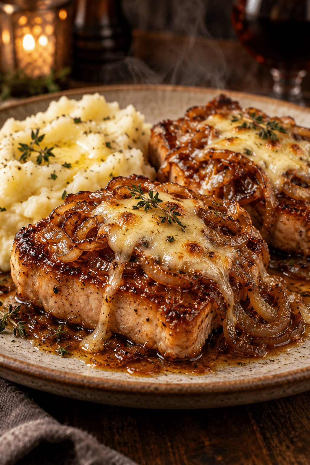 Finished French onion pork chops with caramelized onions