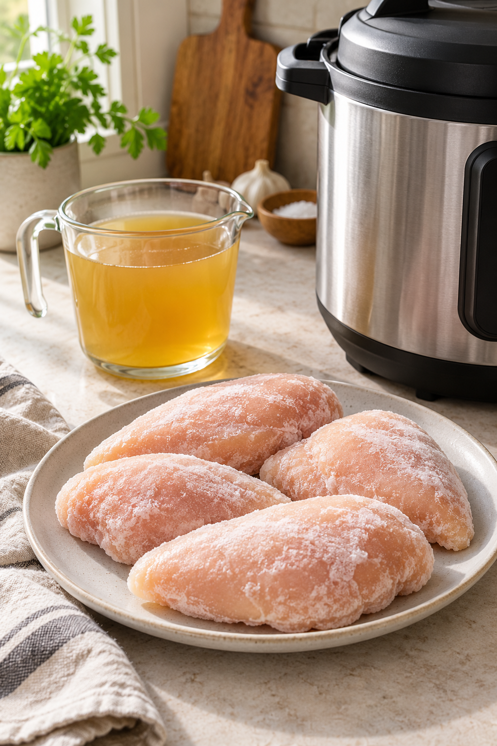 Frozen chicken in the Instant Pot ingredients: chicken breasts and broth