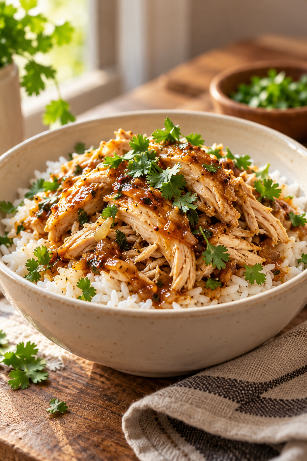 Frozen chicken in the Instant Pot shredded and served over rice