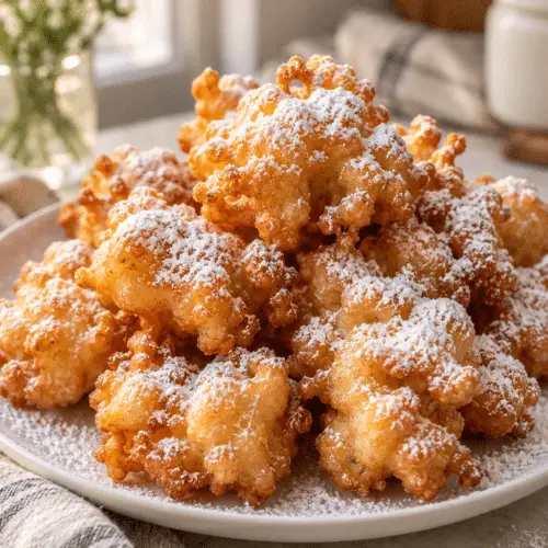 funnel cake bites dusted with powdered sugar