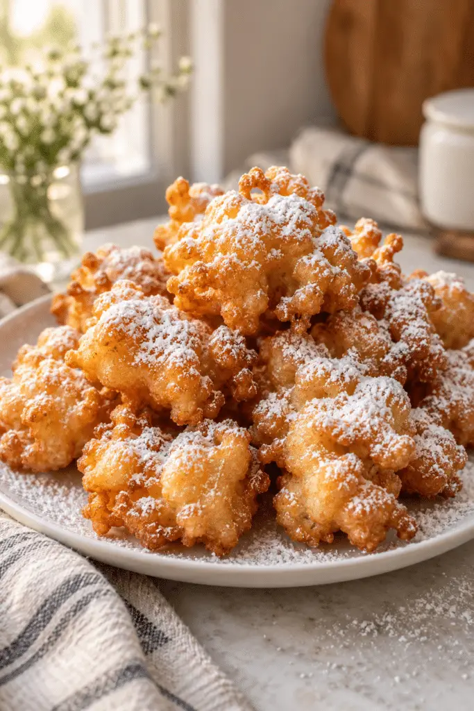 funnel cake bites dusted with powdered sugar