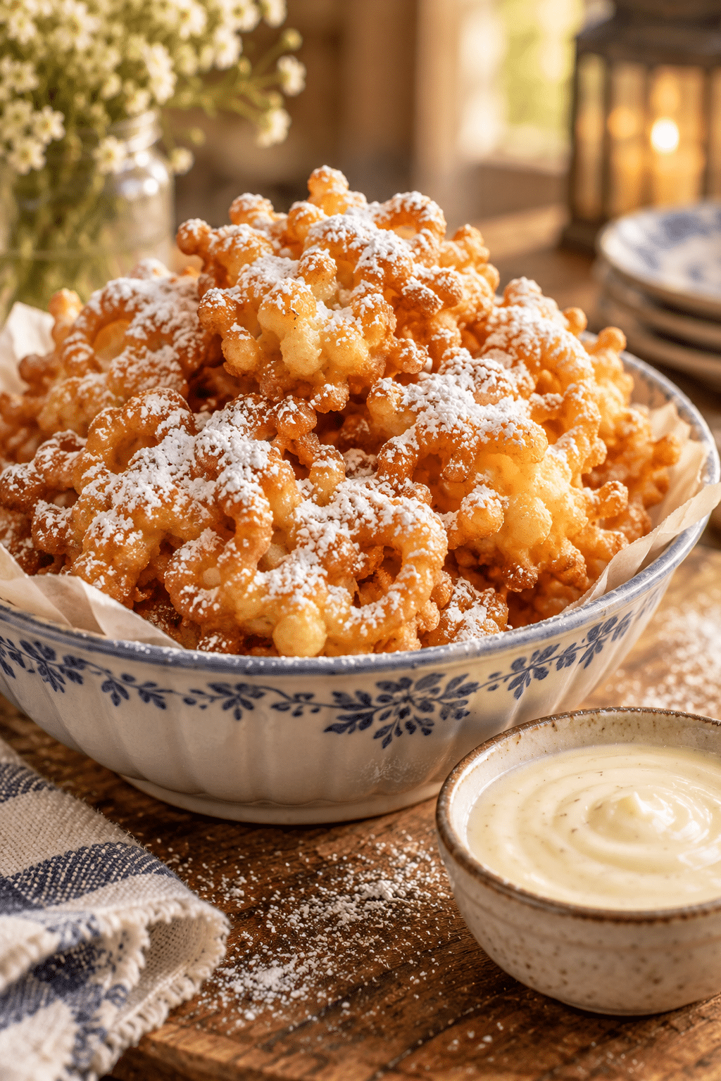 funnel cake bites served warm with powdered sugar
