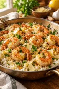 garlic butter shrimp and rice finished dish