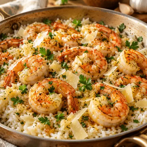 garlic butter shrimp and rice finished dish