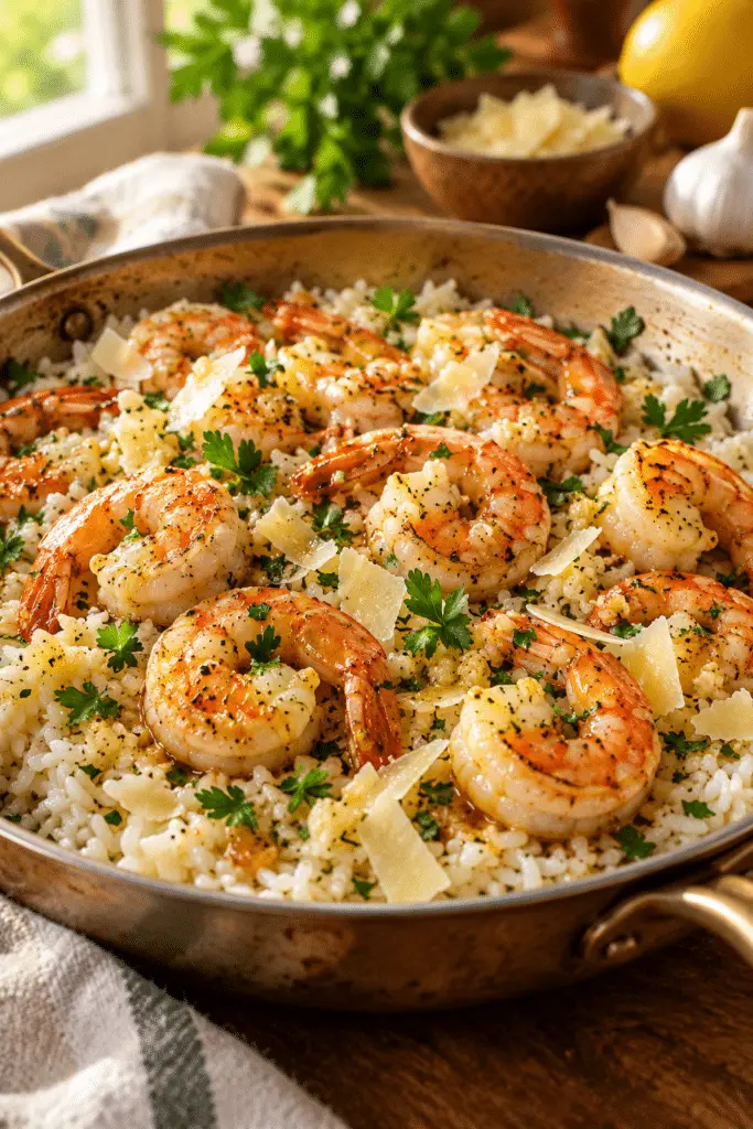 garlic butter shrimp and rice finished dish
