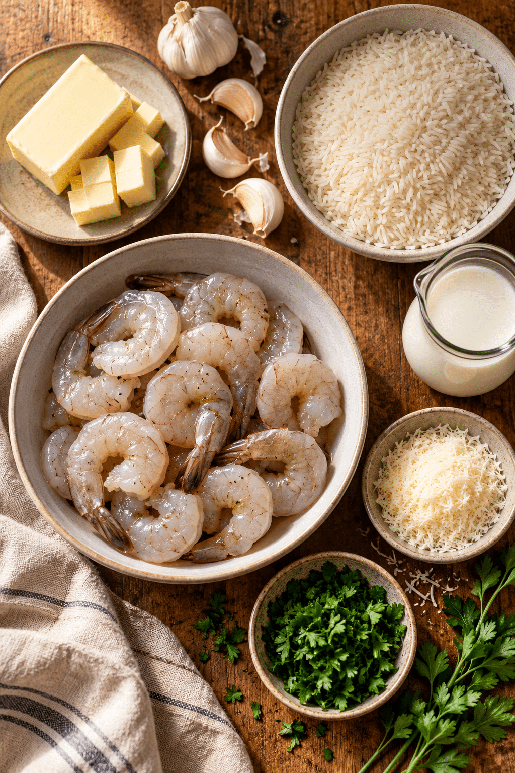 Ingredients for garlic butter shrimp and rice