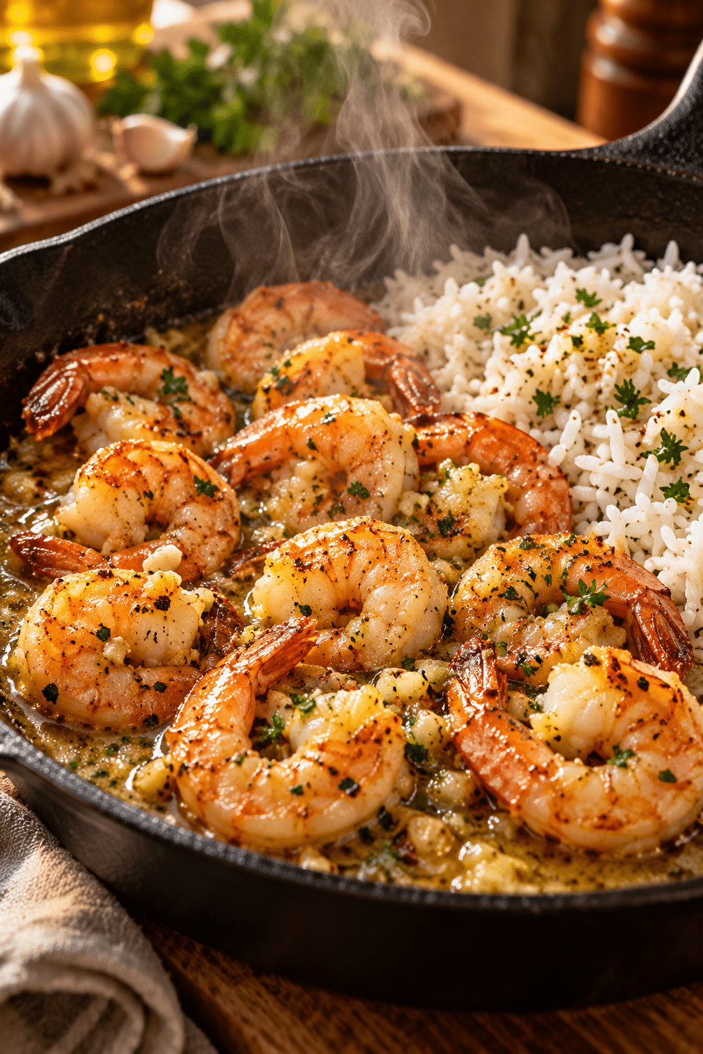 Cooking garlic butter shrimp and rice in a skillet