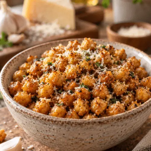Garlic Parmesan roasted chickpeas in a bowl