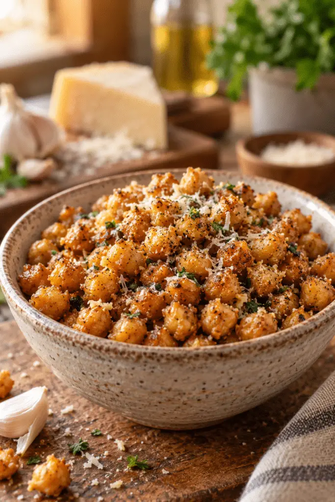 Garlic Parmesan roasted chickpeas in a bowl