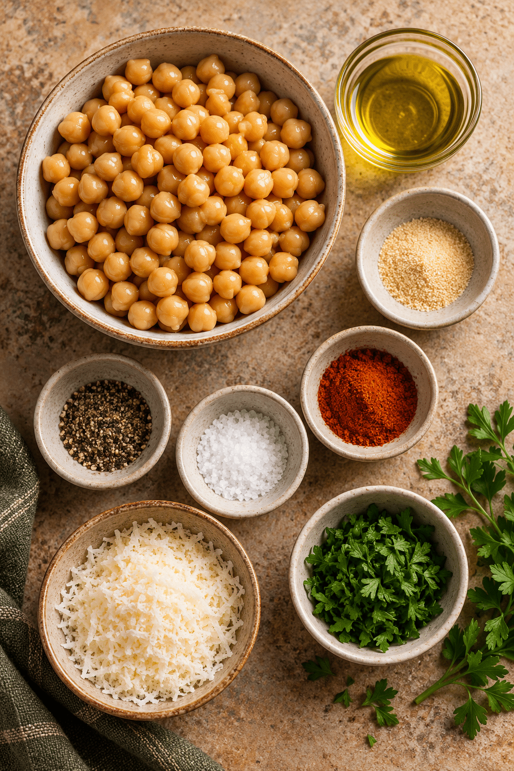 Ingredients for garlic Parmesan roasted chickpeas measured on a counter