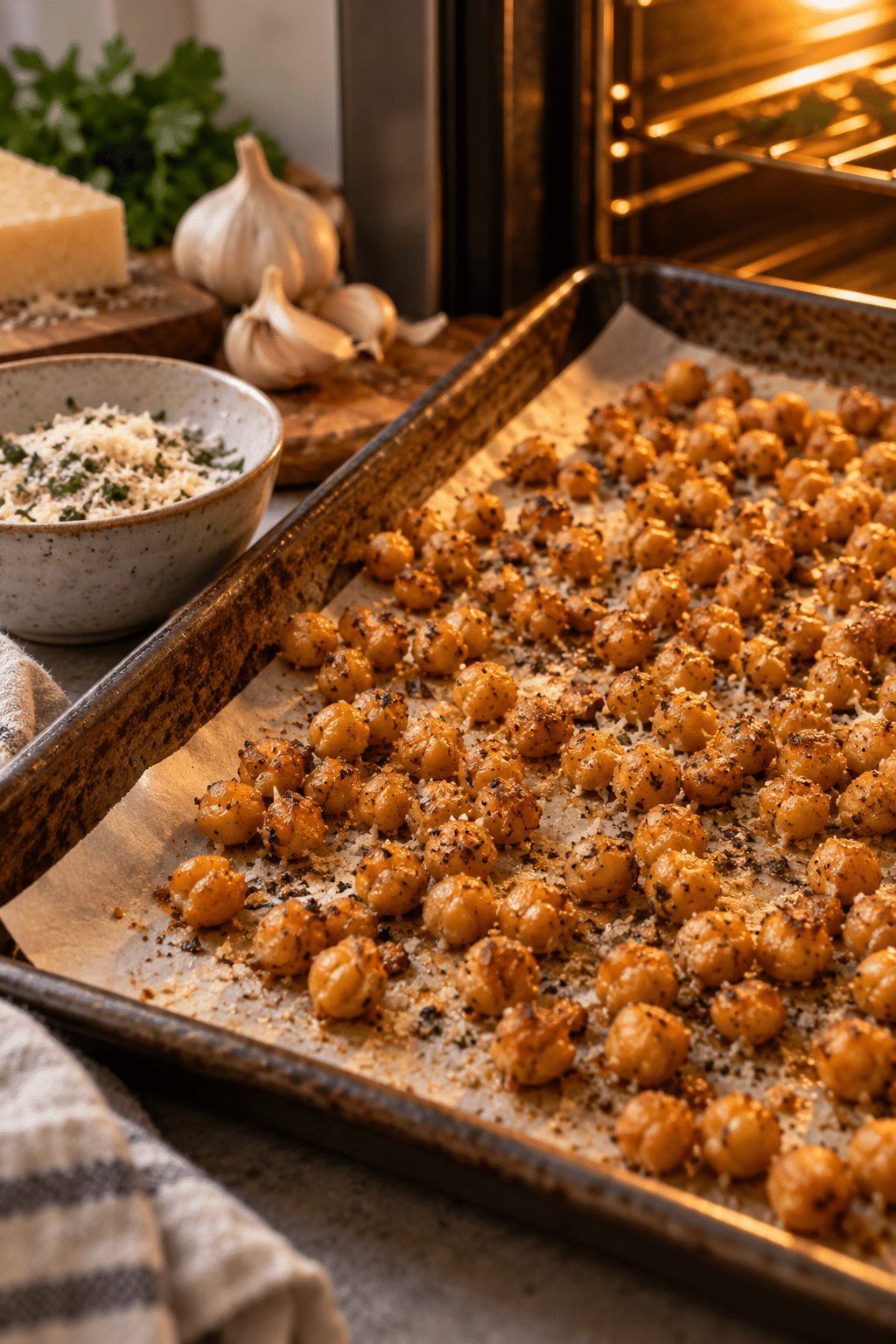 Garlic Parmesan roasted chickpeas roasting on a sheet pan