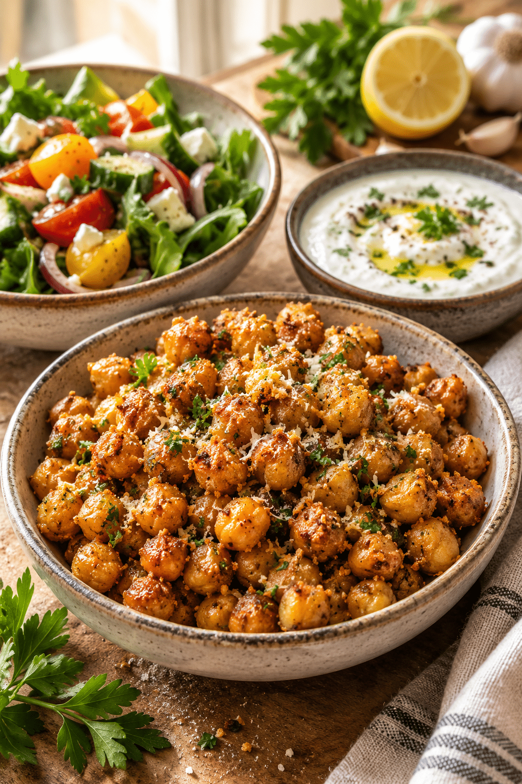 Crisp garlic Parmesan roasted chickpeas ready to serve