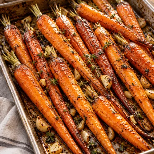 Golden garlic roasted carrots on a baking tray