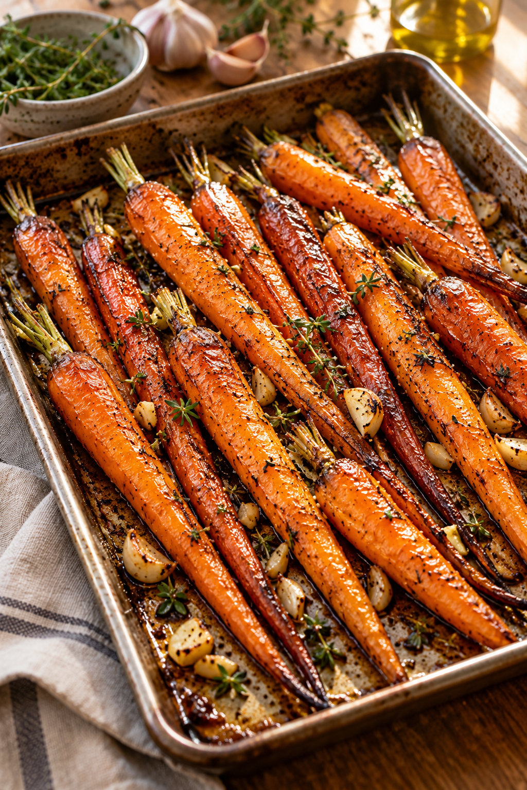 Golden garlic roasted carrots on a baking tray