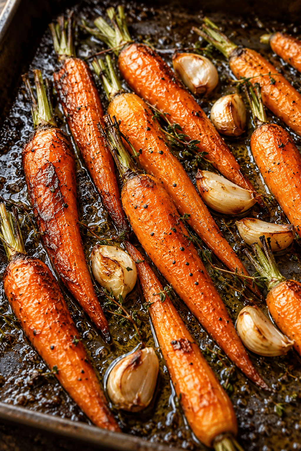 carrots roasting with garlic on a sheet pan