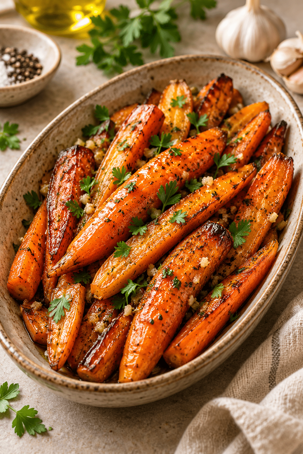 finished garlic roasted carrots with parsley