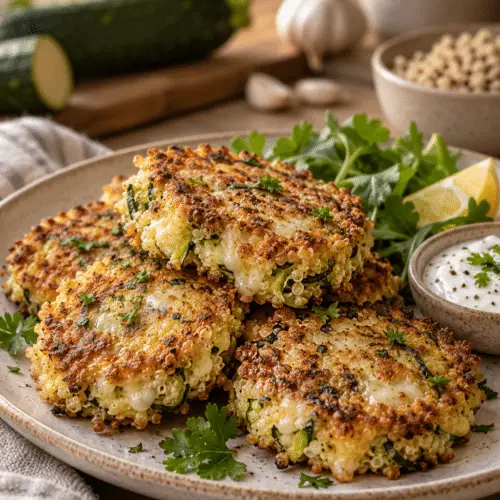 garlicky cheesy quinoa zucchini fritters served golden and crisp