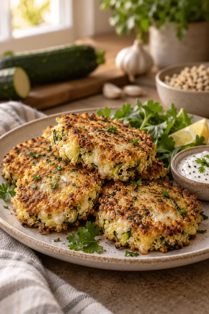 garlicky cheesy quinoa zucchini fritters served golden and crisp