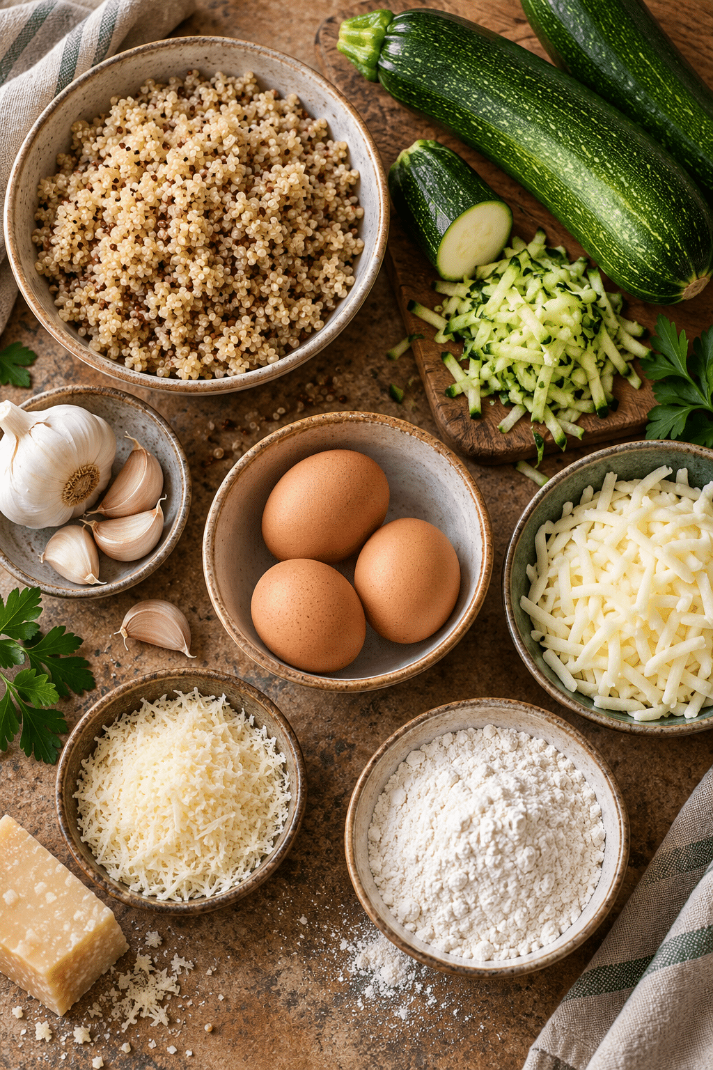 ingredients for garlicky cheesy quinoa zucchini fritters