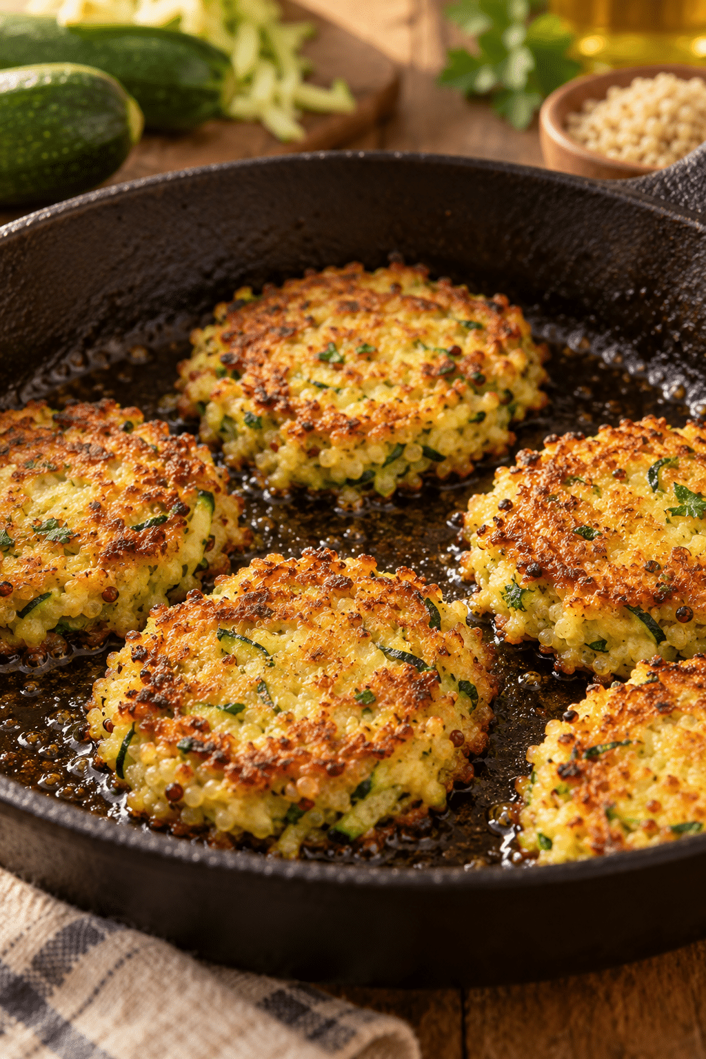 garlicky cheesy quinoa zucchini fritters cooking in a skillet