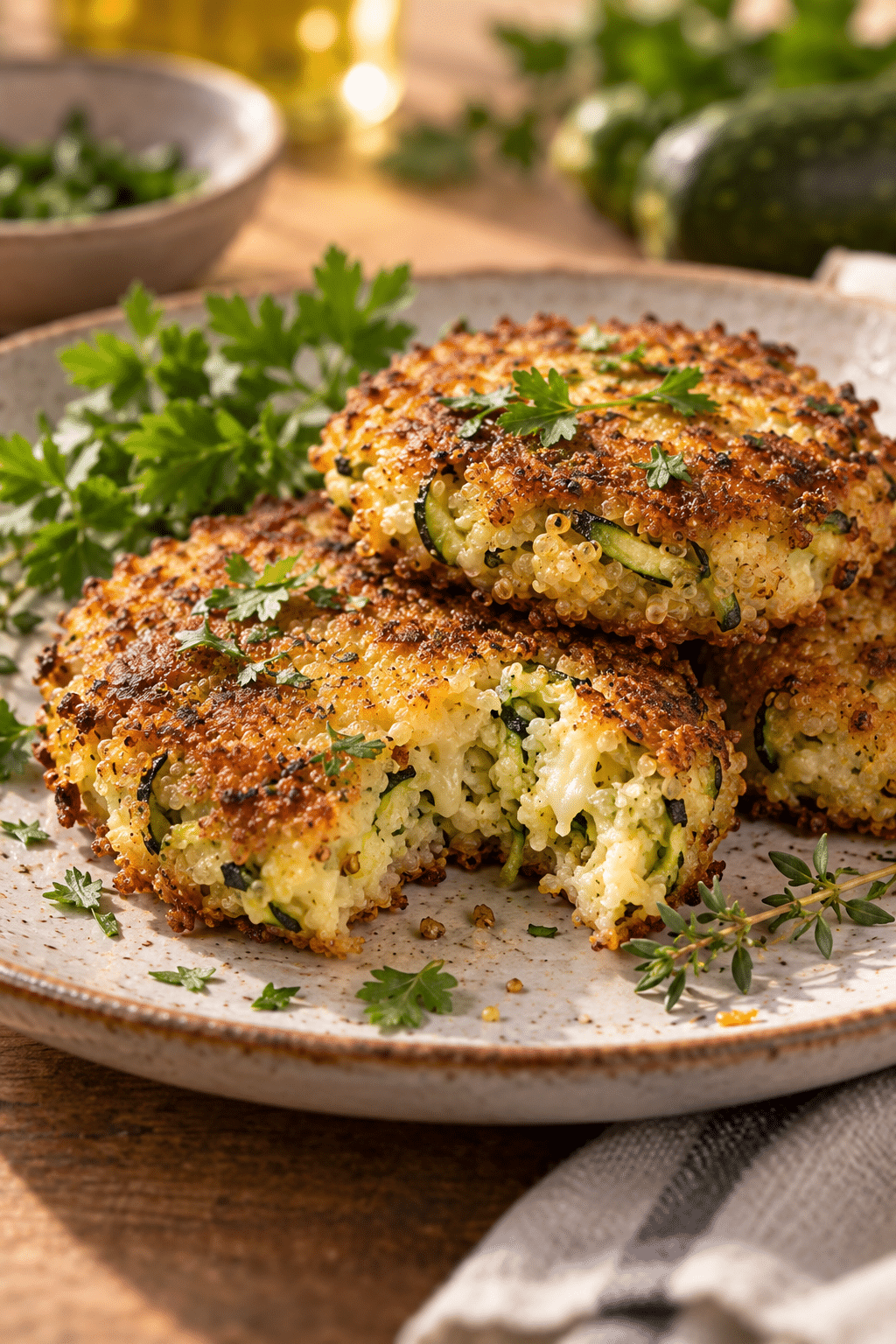golden garlicky cheesy quinoa zucchini fritters ready to serve