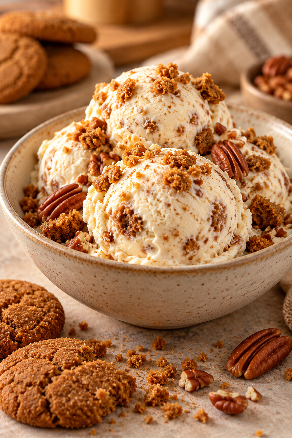 Bowl of gingersnap ice cream with cookie crumbs