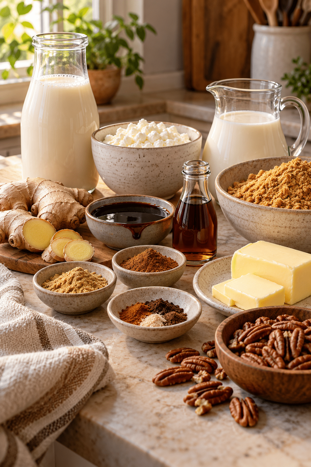 Ingredients for gingersnap ice cream arranged on a counter