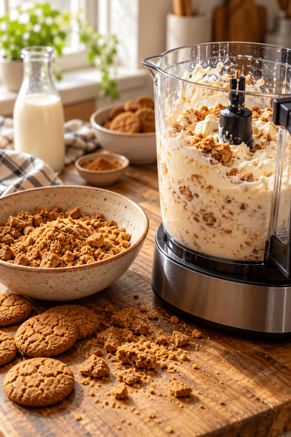 Blending gingersnap ice cream mixture and preparing cookie crumbs