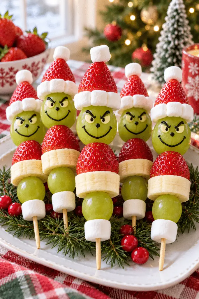 grinch fruit kabobs holiday snack