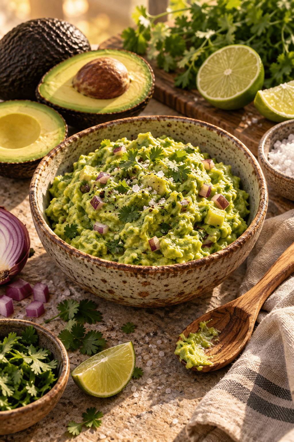Ingredients for a guacamole recipe arranged for mixing