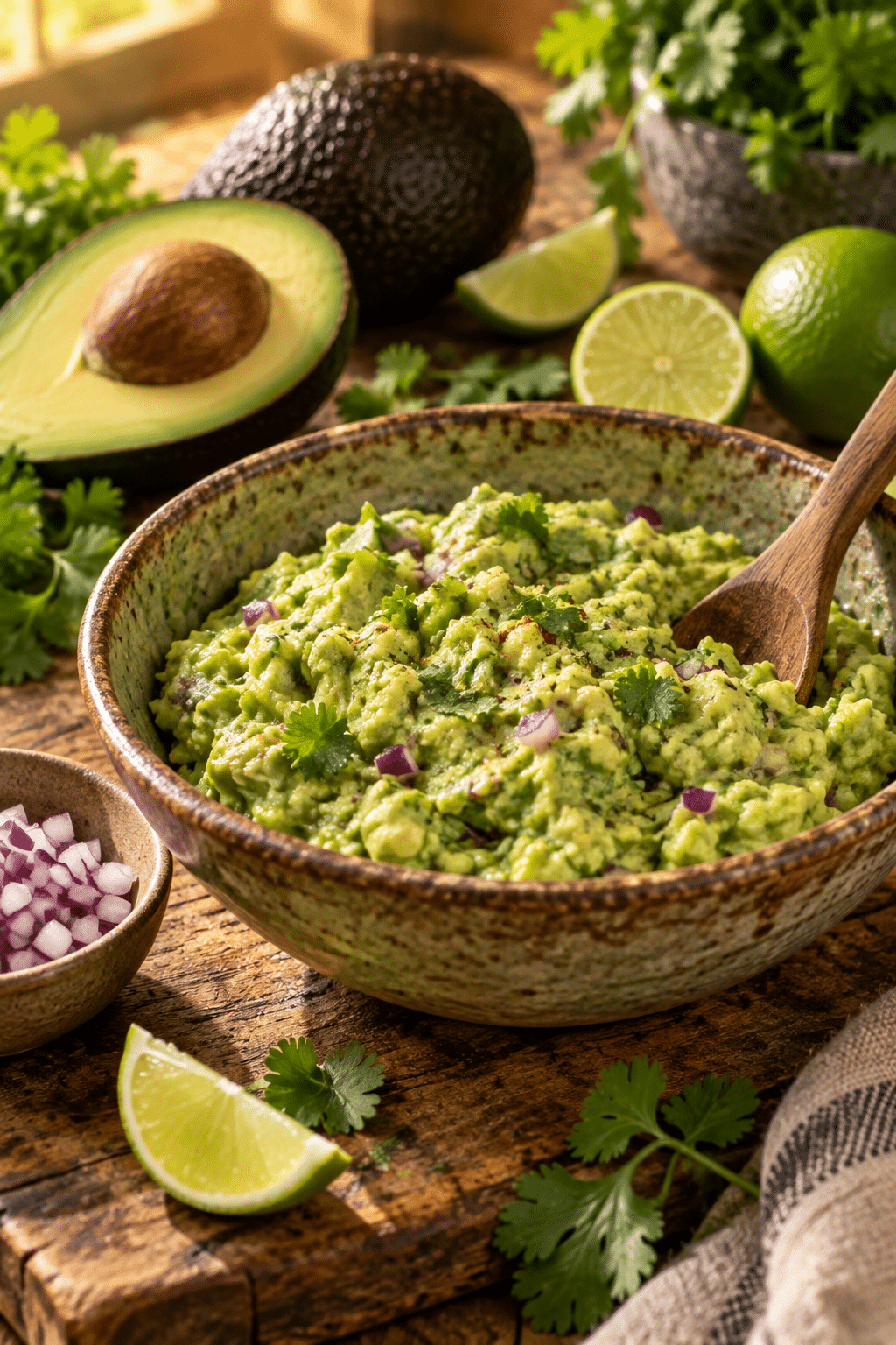 Mashing avocado and folding ingredients for a guacamole recipe