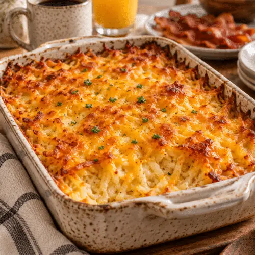 Golden hash brown casserole with a lightly crisp cheese topping