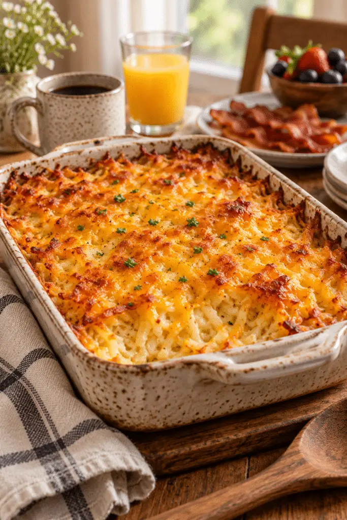 Golden hash brown casserole with a lightly crisp cheese topping