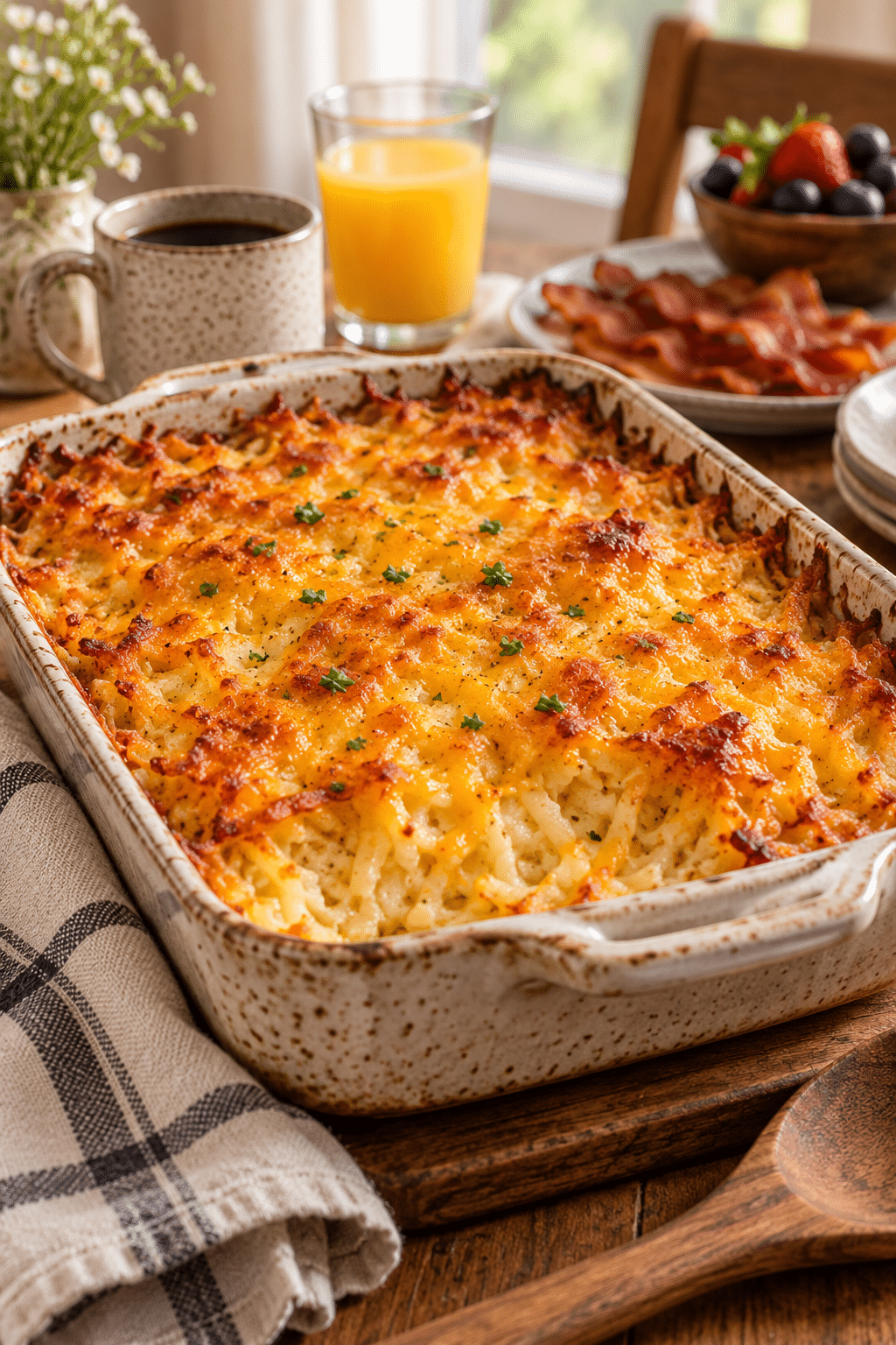 Golden hash brown casserole with a lightly crisp cheese topping
