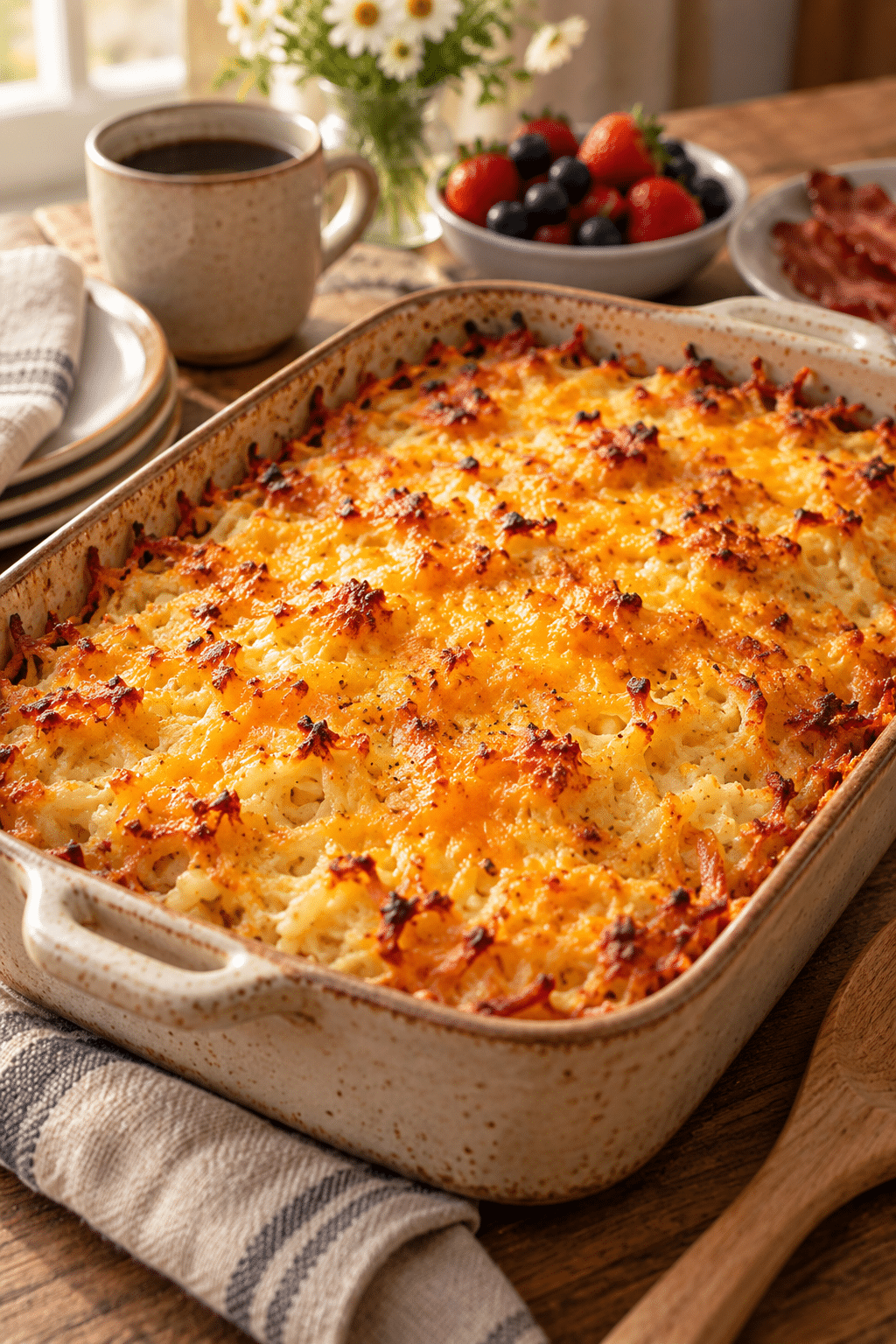 Hashbrown casserole being mixed before baking in a casserole dish