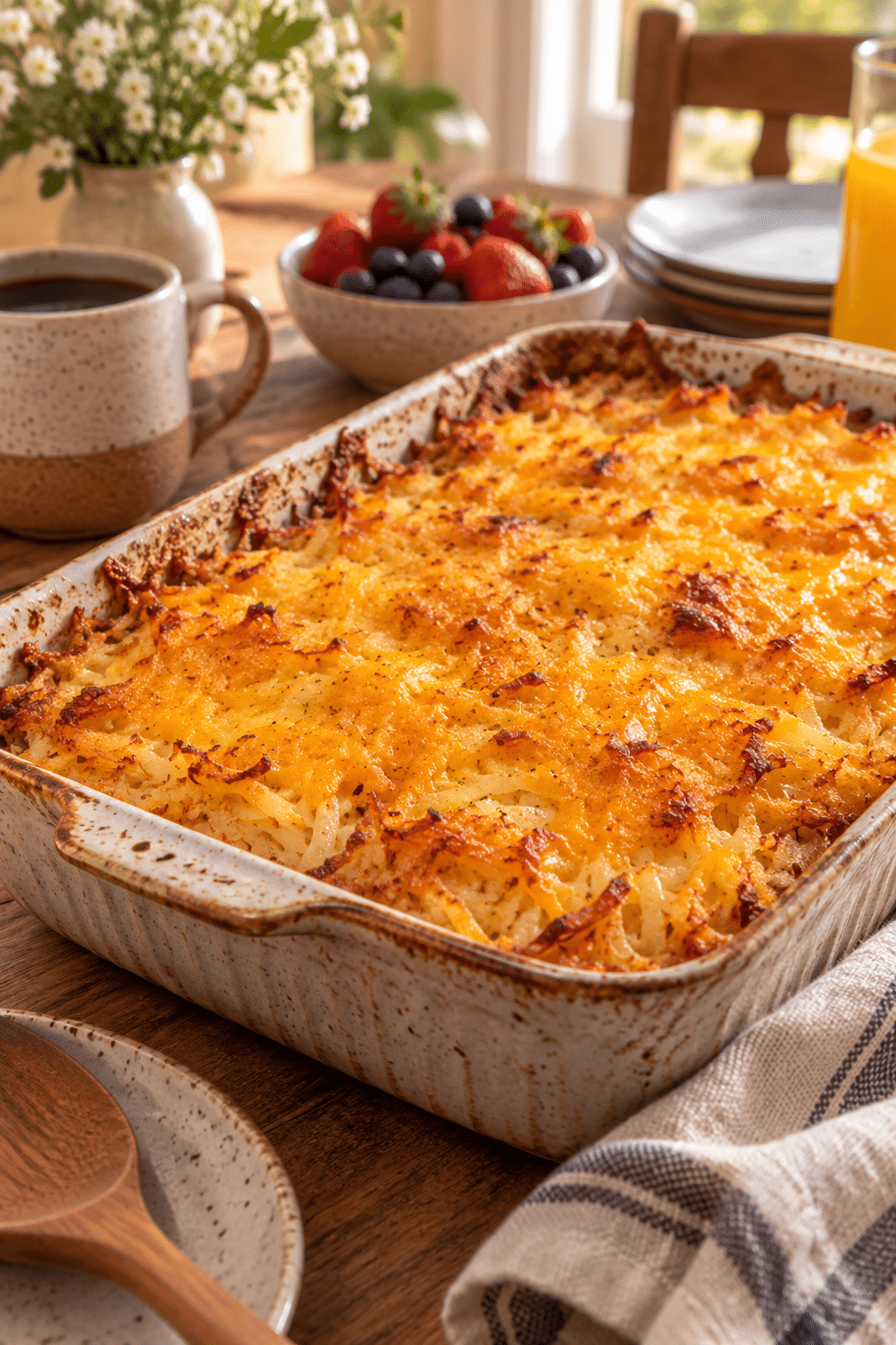 Creamy hashbrown casserole served with a crisp golden top