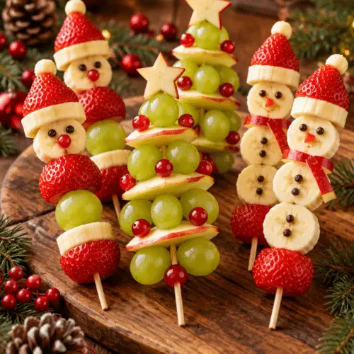 Healthy Christmas snacks fruit skewers on a festive platter