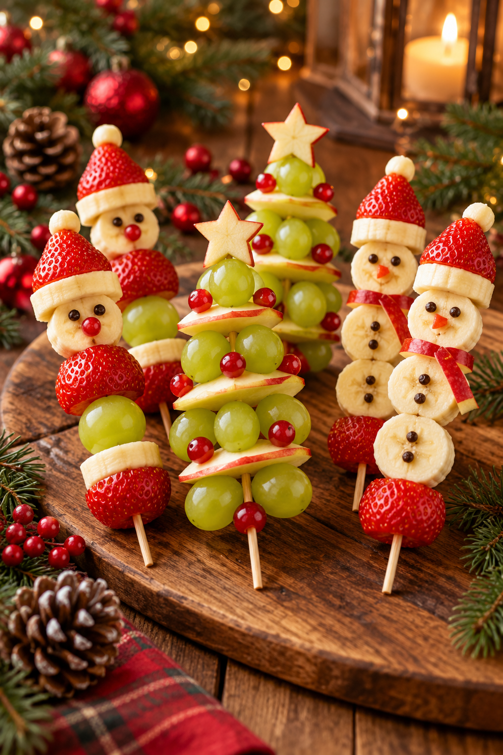 Healthy Christmas snacks fruit skewers on a festive platter