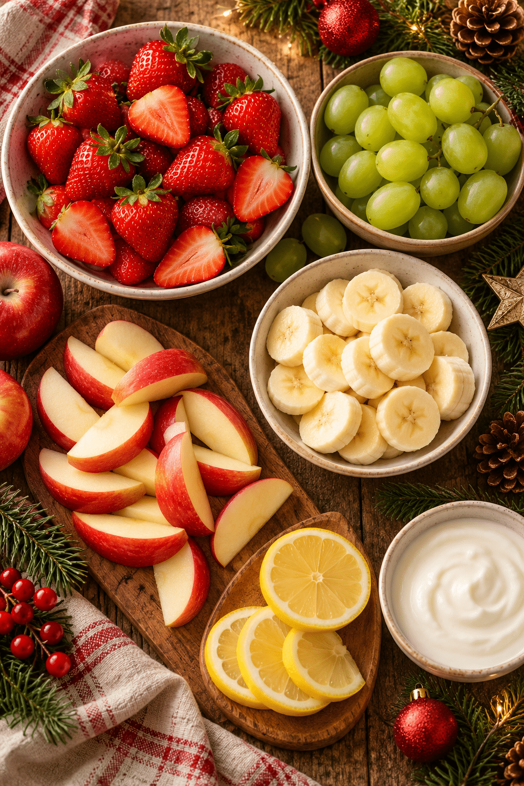 Ingredients for healthy Christmas snacks including strawberries, grapes, bananas, and apple