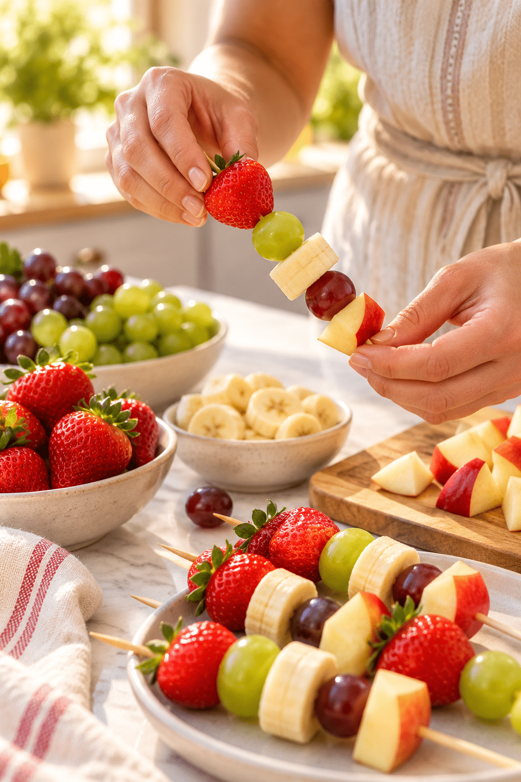 Assembling healthy Christmas snacks on short food skewers