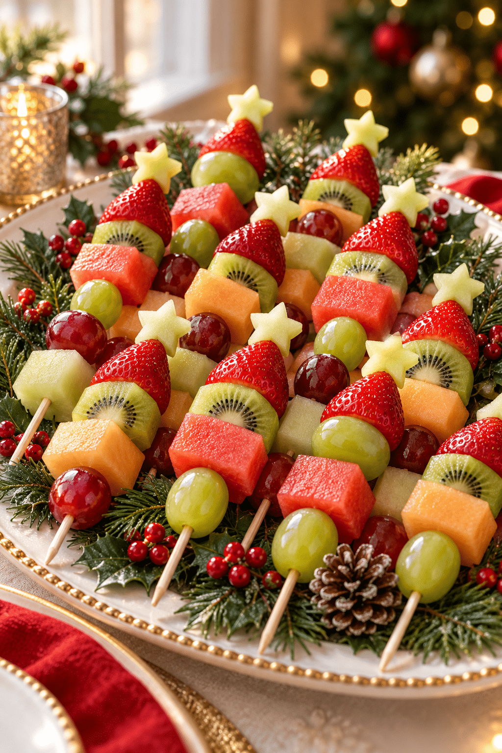 Finished healthy Christmas snacks arranged on a festive platter