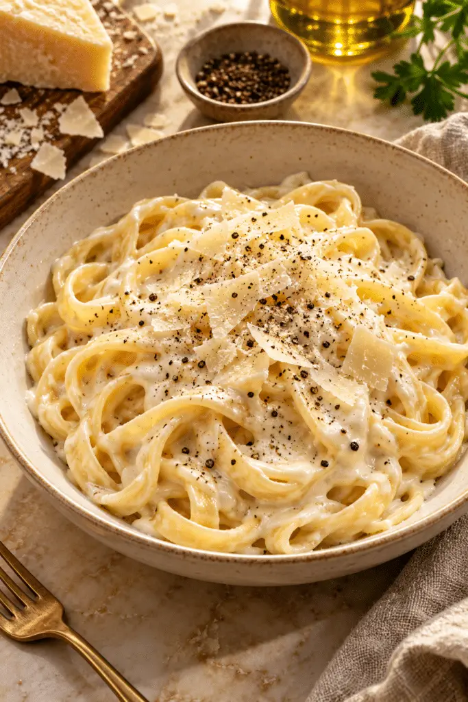 Homemade Alfredo sauce coating pasta